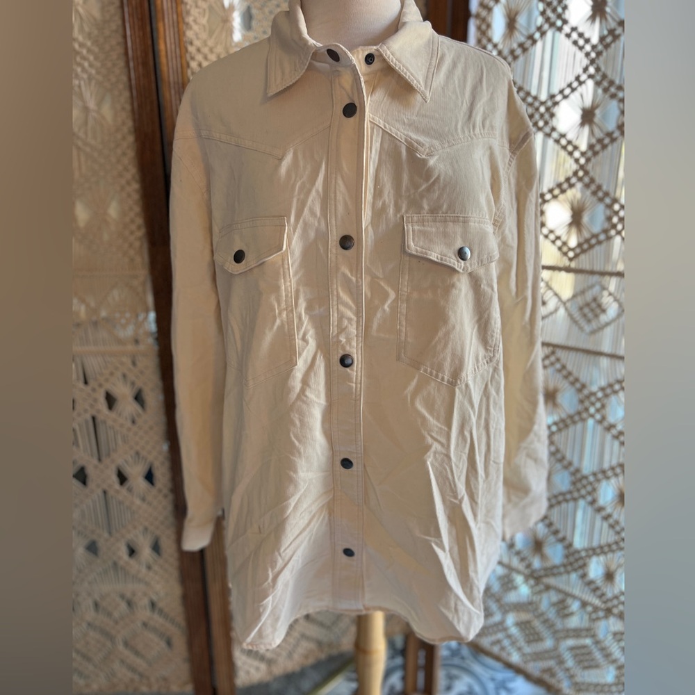 Mustard Seed Cream Corduroy Snap Up Tunic Shirt Jacket
